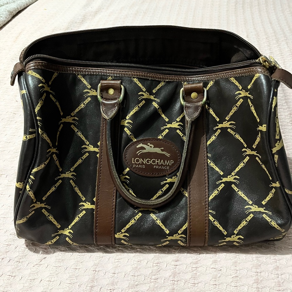 Longchamp Black and Gold Tote with Brown Accents